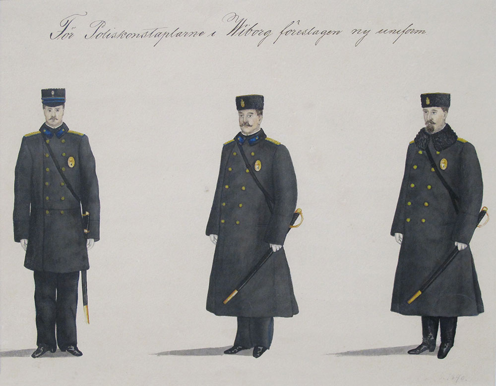 Kun Viipurin poliisilaitos vuonna 1836 perustettiin, ylemmät poliisivirkamiehet velvoitettiin käyttämään virkapukua. Vuonna 1871 velvollisuus koski jo kaikkia laitoksen vakituisia poliiseja. Aivan moitteitta ei virkapukusäädösten noudattaminen kuitenkaan sujunut. Vuonna 1883 poliisimestari nuhteli alaisiaan siitä, että nämä kulkivat virantoimituksessa puoliksi siviilivaatteissa, komisariuksetkin "ainoastaan myssyssä". Ehdotuksia Viipurin poliisilaitoksen uusiksi virkapuvuiksi vuodelta 1890.