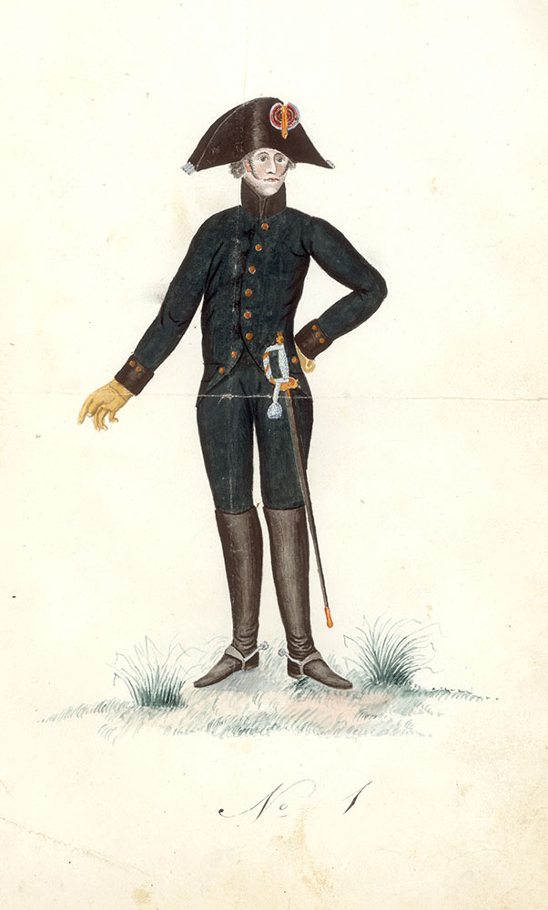 Vuonna 1817 läänien virkamiesten puvun väriksi tuli venäläisen mallin mukaan vihreä. Takki oli saketti, vaikka empire-tyylinen hännystakki oli jo muuten yleisesti käytössä. Asun täydensivät tummanvihreät polvihousut, saappaat, kannukset ja kaksikolkkahattu. Kuva: Turun maakunta-arkisto.